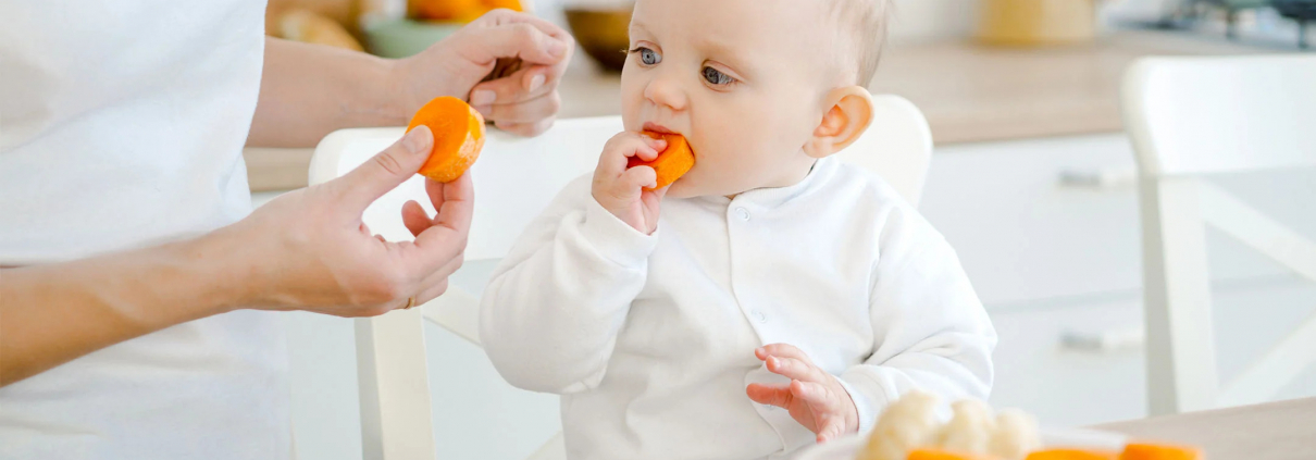 A mother feeds their young child carrots.