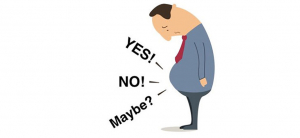 A man looks down at his stomach, which exclaims out yes, no, maybe?