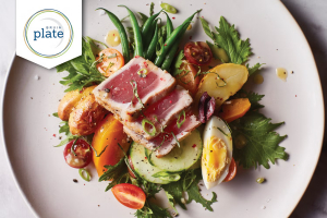 A dish has a variety of vegetables and spices from UCLA's BPlate.