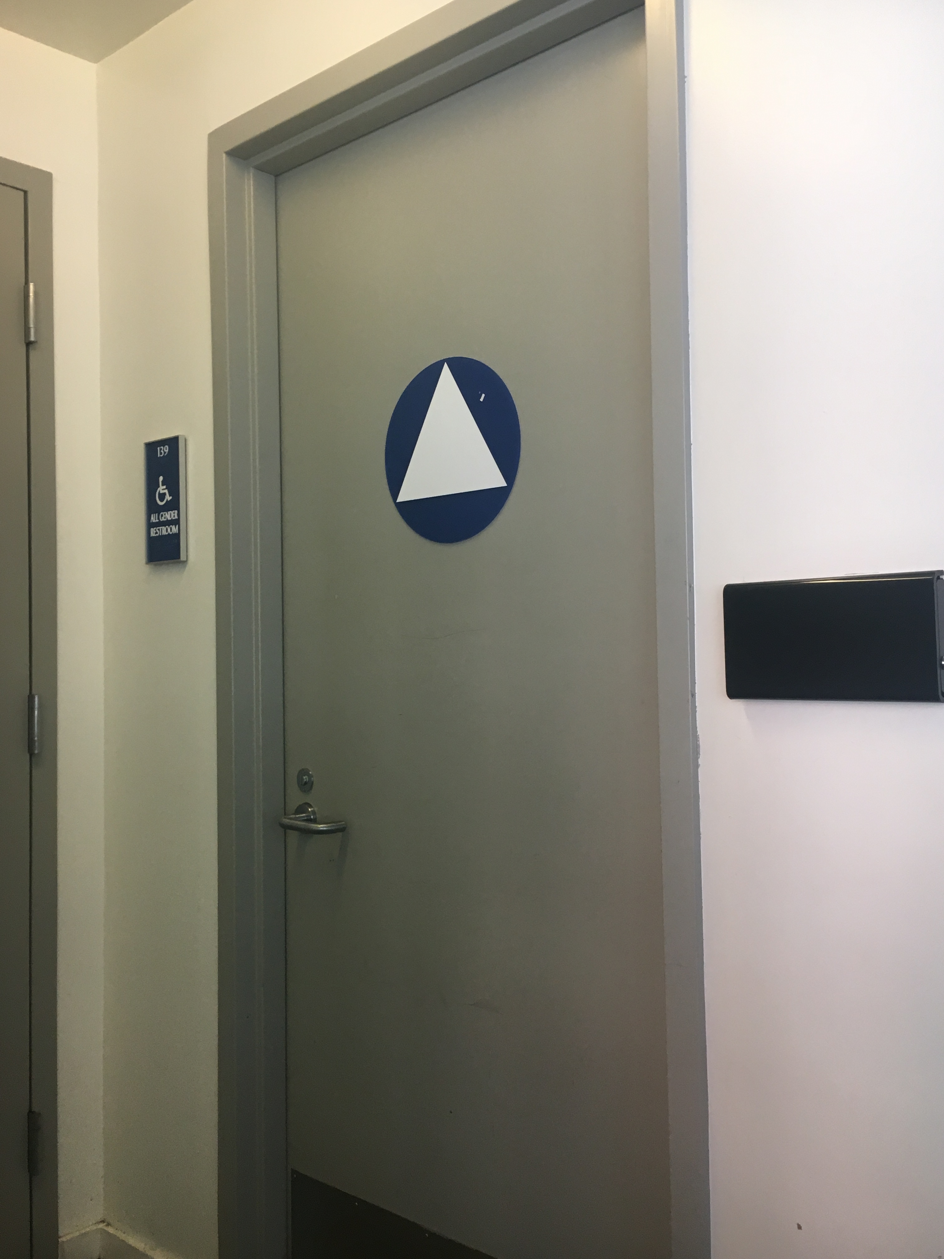 The blue circle with the white triangle indicates companion/ all-gender bathroom