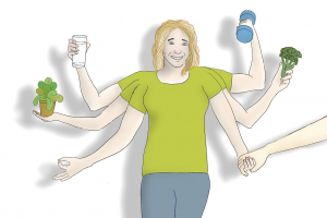 drawing of a person holding a multitude of items for self care