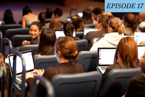 Episode 17 featured image: Students sit in a hall with their laptops out