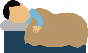 A drawing of a man sleeping in a bed.