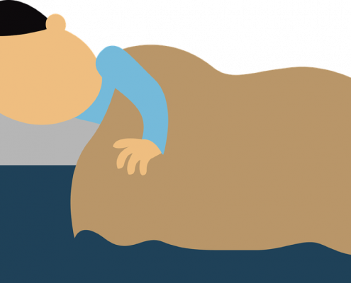 A drawing of a man sleeping in a bed.