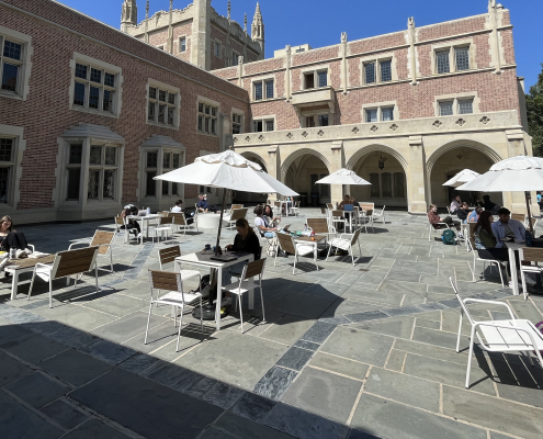 kerckoff patio with students sitting around