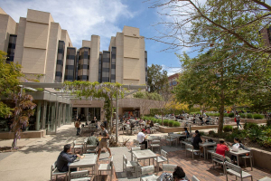 A photo of students eating or studying at the UCLA Court of Sciences.