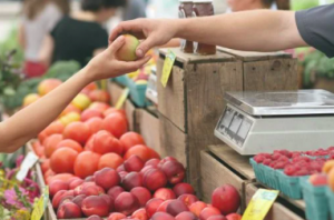 A fruit is handed between two individuals at a market.