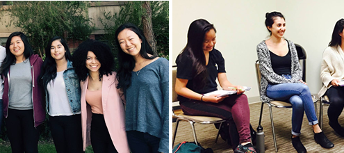 Groups of students pose for a picture on the left, and sit in a row on the right.