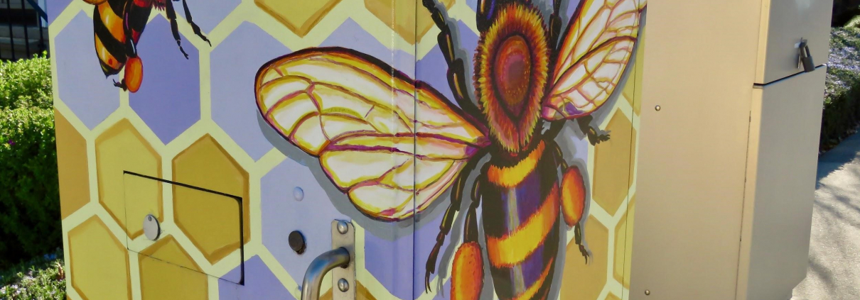 Bees are painted on utility boxes.