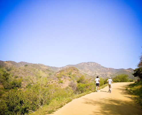 A landscape view showcases individuals running on a hiking trail.