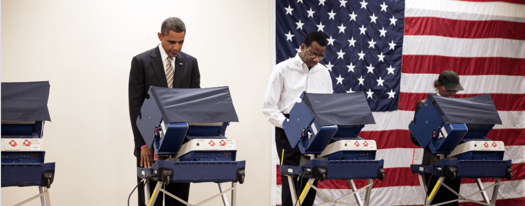 Barack Obama and other individuals vote at the in-person voting machines.
