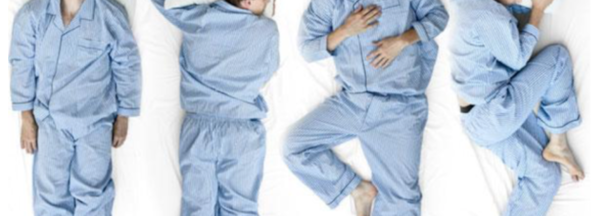 A man lays in 4 various sleeping positions.