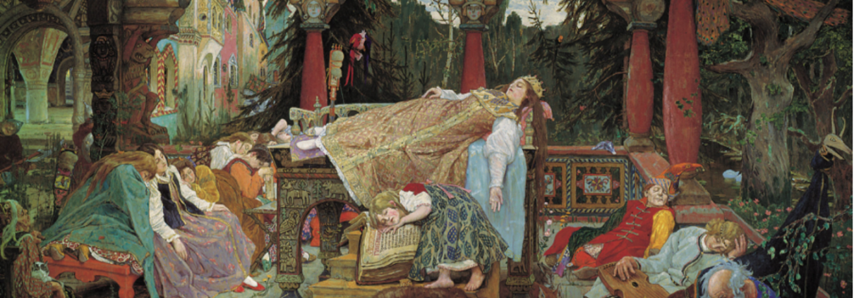 A older-style painting showcases a large amount of people asleep.