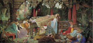 A older-style painting showcases a large amount of people asleep.