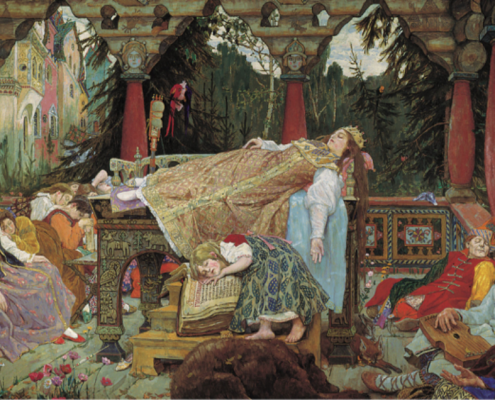 A older-style painting showcases a large amount of people asleep.