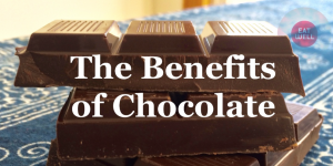 The Benefits of Chocolate with a chocolate bar in the foreground.
