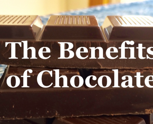 The Benefits of Chocolate with a chocolate bar in the foreground.