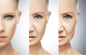 The process of a woman aging in three images.