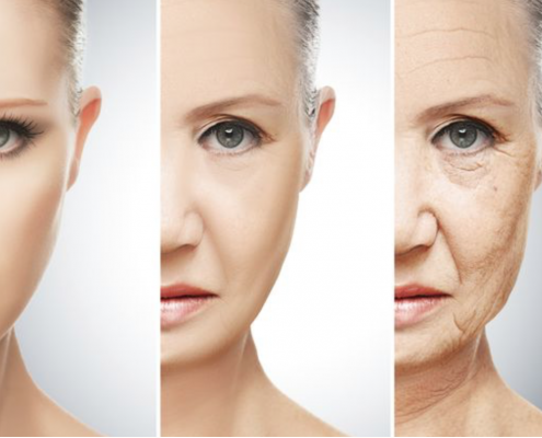 The process of a woman aging in three images.